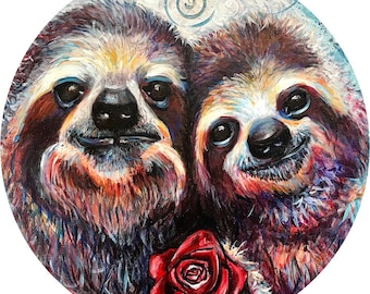 Sloth Pair- Must Have Been the Roses- UV/Vinyl Bumper Sticker - Jerika Renee Art - Free Shipping