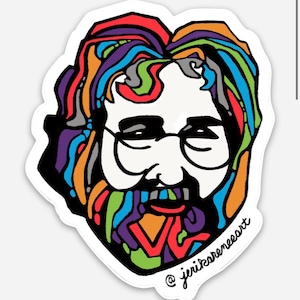 May include: A colorful, abstract illustration of a man with long hair and a beard. The illustration is done in a style reminiscent of stained glass, with vibrant colors and intricate details. The artist's signature, "@jerikahreneear", is visible in the lower right corner.