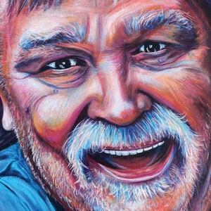 May include: A close-up portrait painting of a man with a white beard and mustache. He is smiling with his mouth open, showing his teeth. The painting is done in a colorful style with shades of blue, purple, and orange.
