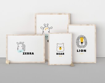 Cute Nursery Animals Set of 4 Digital Art Prints, Various Sizes, Instant Download