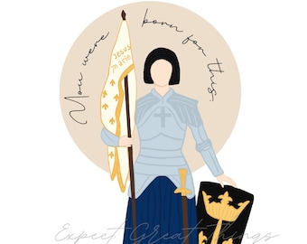May include: Illustration of a figure in armor holding a banner and shield. The banner reads "Jesus Marie" and the shield has a gold emblem. The text "You were born for this" and "Expect Great Things" are also present.