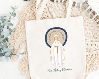 Our Lady of Champion Halo Design Tote Bag, Religious Canvas Bag, Saint Quote Shopping Tote, Catholic Tote, Inspirational Shoulder Bag