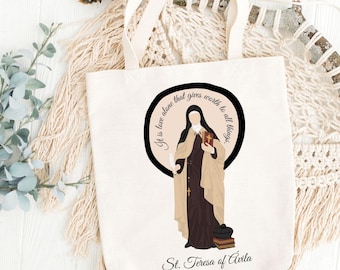 St. Teresa of Ávila Halo Design Tote Bag, Religious Canvas Bag, Saint Quote Shopping Tote, Catholic Tote, Inspirational Shoulder Bag