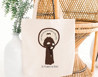 St. Francis of Assisi Tote Bag, Religious Canvas Bag, Saint Quote Shopping Tote, Hand Drawn Catholic Tote, Inspirational Shoulder Bag