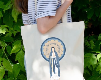 Our Lady of the Rosary Tote Bag, Religious Canvas Bag, Saint Quote Shopping Tote, Hand Drawn Catholic Tote, Inspirational Shoulder Bag