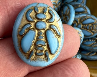 Czech Glass TURQUOISE with Gold Accent EMBOSSED BEE Beads Large Oval 22x18mm Bead 2pc 6pc 10pc Options