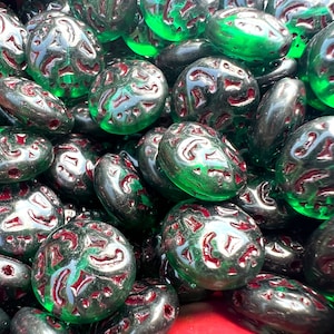 Czech Glass Baroque Scroll Lentil Puffed Glossy Dark EMERAL GREEN with RED Etched Inlay 14mm Coin 6pc 9pc 12pc Options