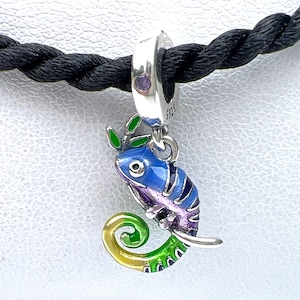CHAMELEON CHARM, Sterling Silver s925, Purple Green Yellow Enameled Charm, fits European Style Necklace/Bracelet