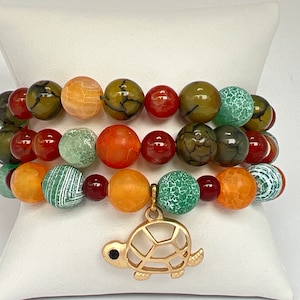 Summertime Beach Sunset Gold TURTLE Charm 3pc STRETCH BRACELET Set Natural Agate Gemstones Bohemian Glass Beads Gold Accent Gift Set