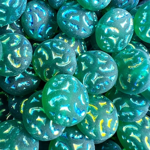 Czech Glass Baroque Scroll Lentil Puffed Matte EMERALD GREEN with Etched AB Inlay 14mm Coin Semi-Translucent 6pc 9pc 12pc Option