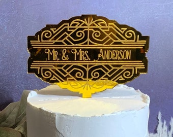 Art Deco Wedding Cake Topper: Mirrored Gold Party Decor