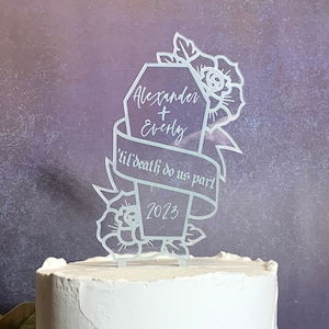 Til Death Do Us Part | Coffin Wedding Cake Topper | Acrylic Halloween | Spooky | Modern | Elegant | Engraved | Clear | Transparent | Fun