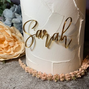 Cake Charm Acrylic Cake Accessory Wedding Name Gold Name Plate Birthday Party Favor Script Cursive Baker Cake Decorating image 1