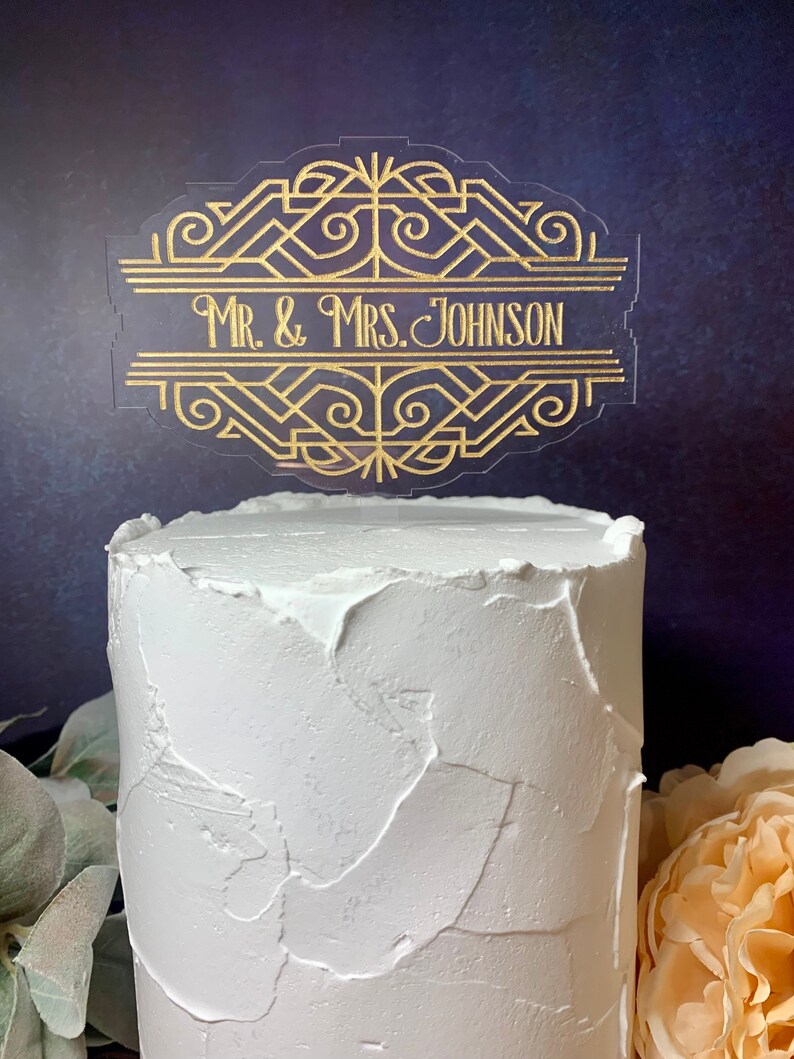 Gold Acrylic Wedding Cake Topper: Art Deco 20s Style afbeelding 2
