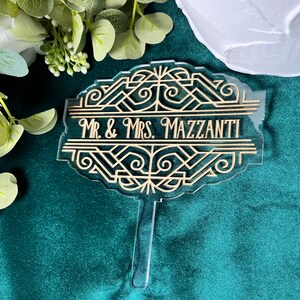 Gold Acrylic Wedding Cake Topper: Art Deco 20s Style afbeelding 3