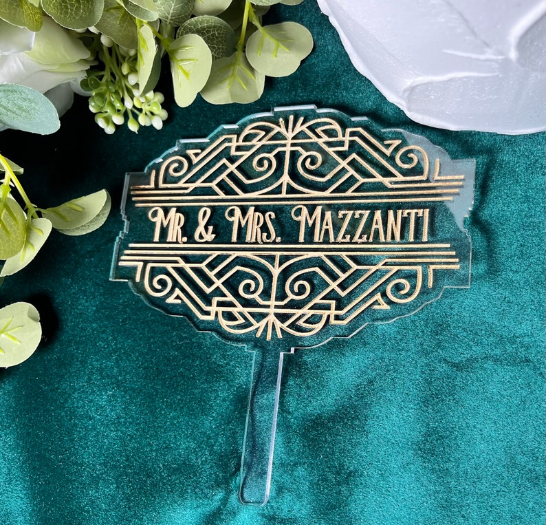 Gold Acrylic Wedding Cake Topper: Art Deco 20s Style afbeelding 3