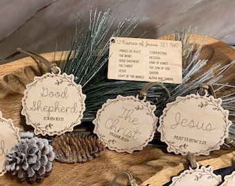 Names of Jesus Ornament Set: Engraved Wood Christian Christmas Decor