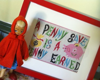 Vintage Carl Tait Napkin PENNY SAVED Red Frame, Fab Font, Fun Primary Colors, Piggy Bank, MCM Textile, Child Decor, Pop of Color Money Bag,