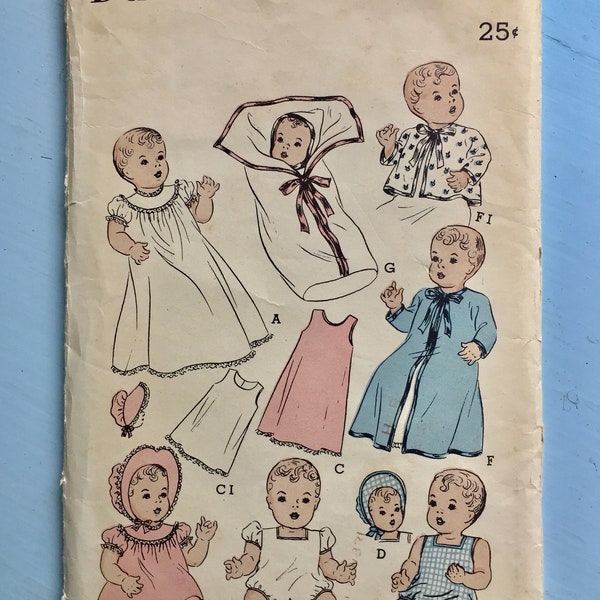 Vintage Butterick Doll Wardrobe, Dress, Bonnet, Slip, Sun Suit Matching Bonnet Puff Sleeve Romper Kimono Saque 1940s 1950s Adorable Graphics