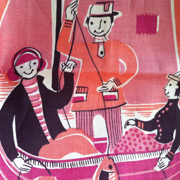 Vintage Textile rose Boat-People du poisson soleil Eames Era MWT