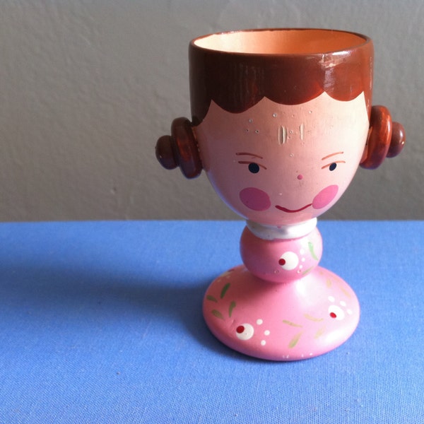 Sweet Vintage Egg Cup Girl with Ear Buns Painted Wood
