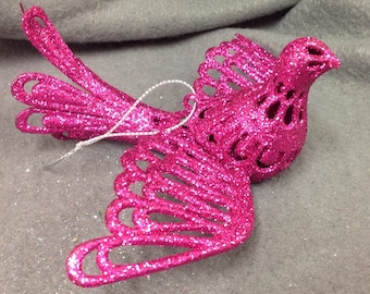 Bird ~ Sparkly Magenta Glittered Dove Ornament Decoration with Silver Cord Hanger