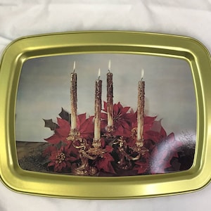 Vintage MCM Christmas Metal Serving Tray - Lit Candles Poinsettias ~ Rectangle
