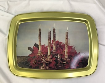 Vintage MCM Christmas Metal Serving Tray - Lit Candles Poinsettias ~ Rectangle