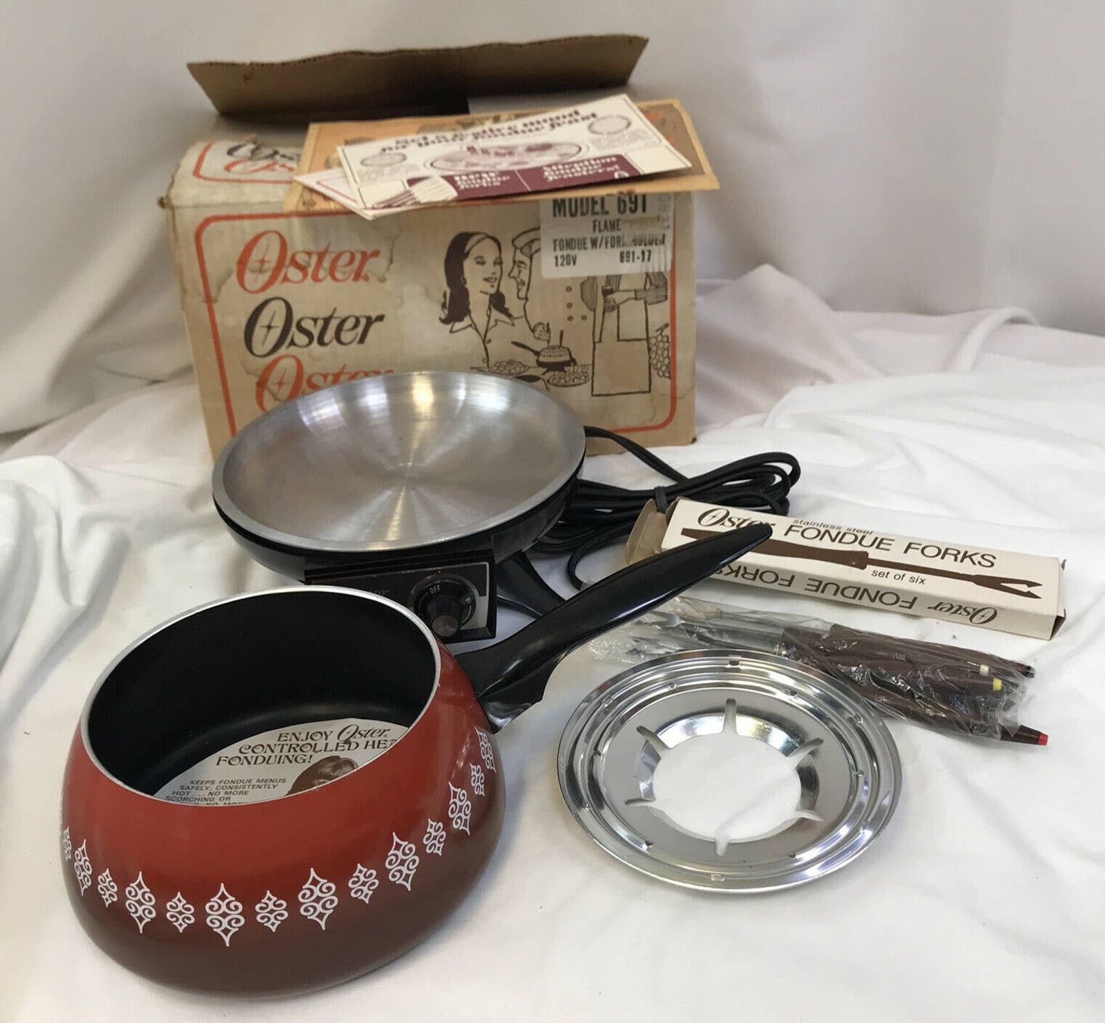 Vintage Oster 1970's Electric Fondue Pot Set RED Made In The USA Working