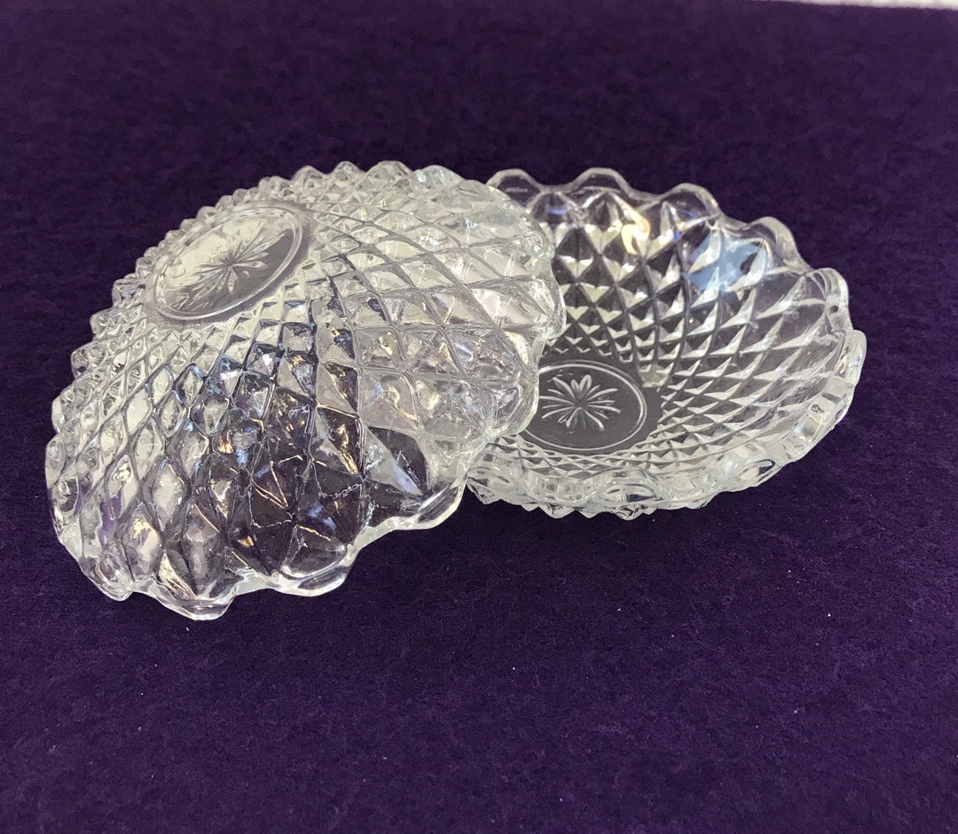 Vintage Glass Jewelry Box, Diamond Cut Jewelry Dish, Trinket Dishes