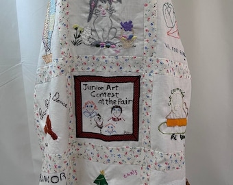 Handcrafted Vintage 1980’s State Fair Sewing Project ~ Apron - Embroidered Needlework Quilt Squares Ribbon