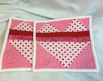 Set of 2 Handmade Valentine's Day Hearts Quilted Table Topper / Hot Pad / Trivet ~ Red, Pinks, White ~ 12" x 12" ~ 100% Cotton