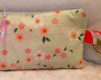 Key Chain Zippered Coin Purse Pouch ~ Oriental Flowers ~ Green, Peach, White, Gold ~ 3 1/2&quot; x 5 1/2&quot;
