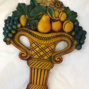 Vintage Chalkware Miller Studio Inc. 1966 Obst Floral Korb Gips Wandhängen Bild Dekoration