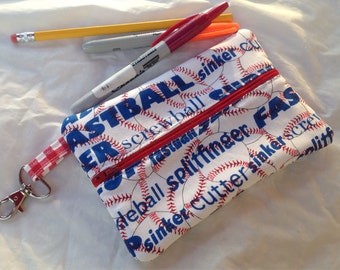 Zippered Pencil Pouch With Swivel Trigger Hook Clasp ~ Baseball, Fastball, Curveball Fabric with Red Gingham Interior; Red Zipper