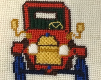 Small Vintage Finished Old Car Needlepoint Tapestry ~ 5” x 5 1/4”