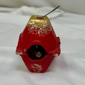 Vintage Handcrafted Egg Carton Christmas Ornament with Mercury Balls and Glitter ~ Red and Gold