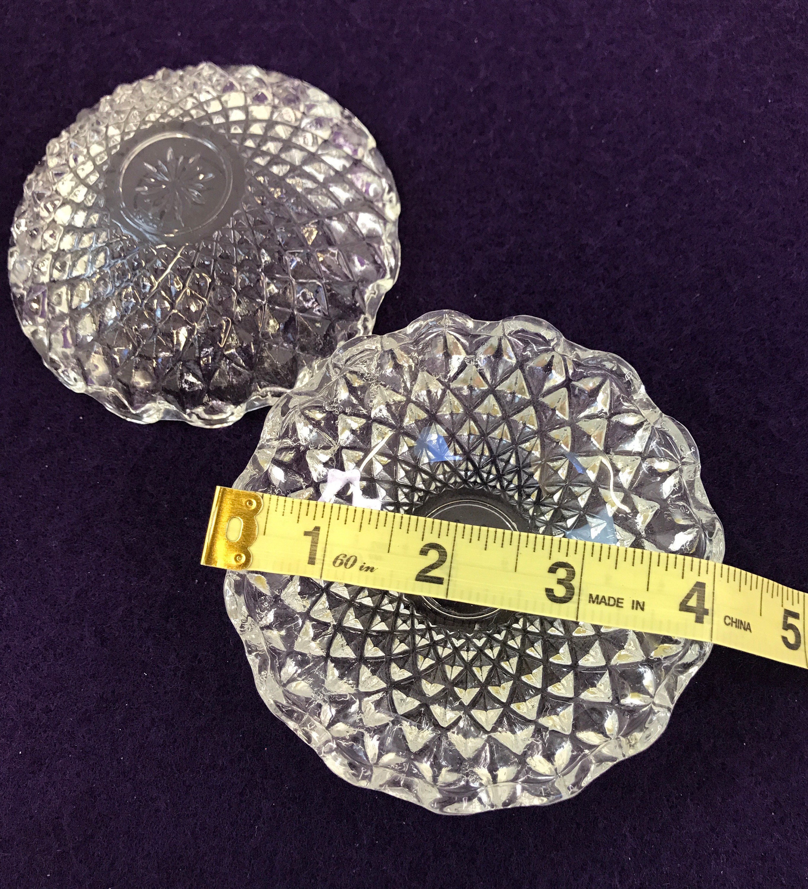 Vintage Glass Jewelry Box, Diamond Cut Jewelry Dish, Trinket Dishes