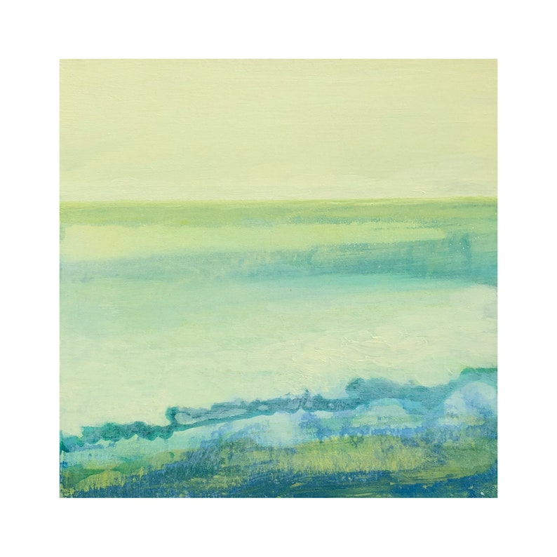 6x6 Original Abstract Ocean Small Minimalist Painting Waves Art Square Soft Muted Yellow Green Blues Water Beach Sky Horizon Unframed Square