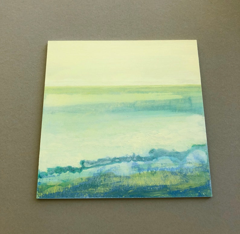 6x6 Original Abstract Ocean Small Minimalist Painting Waves Art Square Soft Muted Yellow Green Blues Water Beach Sky Horizon Unframed Square