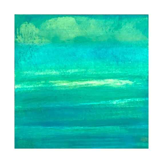 6x6 Original Abstract Ocean Small Minimalist Painting Waves Art Square Soft Muted Yellow Green Blues Water Beach Sky Horizon Unframed Square