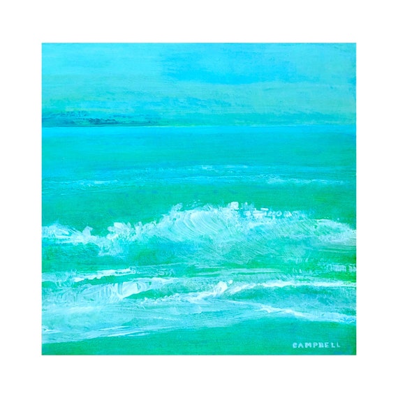 6x6 Original Abstract Ocean Small Minimalist Painting Waves Art Square Soft Muted Yellow Green Blues Water Beach Sky Horizon Unframed Square