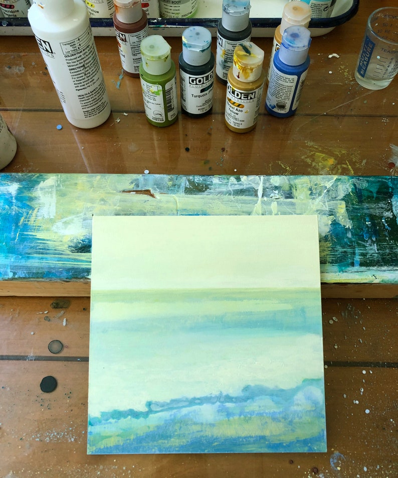 6x6 Original Abstract Ocean Small Minimalist Painting Waves Art Square Soft Muted Yellow Green Blues Water Beach Sky Horizon Unframed Square