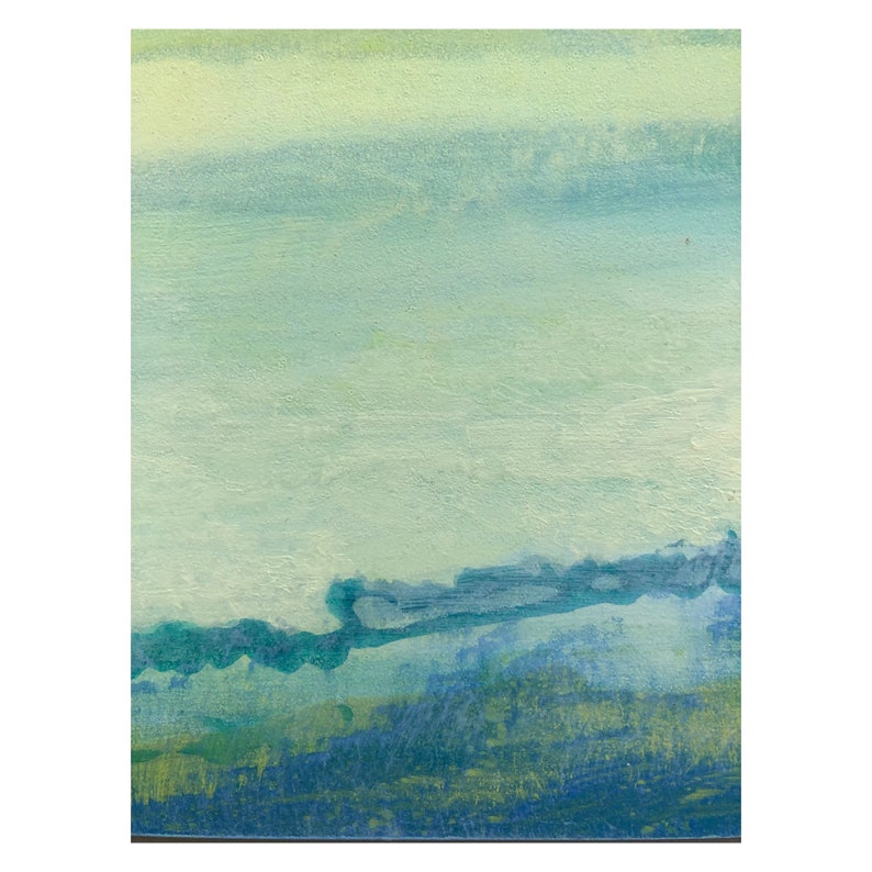 6x6 Original Abstract Ocean Small Minimalist Painting Waves Art Square Soft Muted Yellow Green Blues Water Beach Sky Horizon Unframed Square