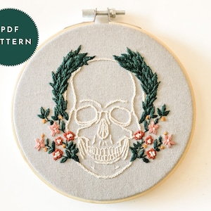 PDF Pattern - &quot;Floral Skull&quot; | witch embroidery, weird embroidery, floral skull embroidery, gothic hand embroidery, spooky embroidery, death