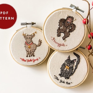 PDF Patterns - &quot;Christmas Monsters II&quot; | weird embroidery, creepy ornament, satanic Christmas, spooky holiday embroidery, yule goat, witchy