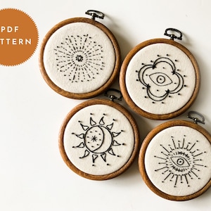 PDF Patterns Sun, Moon, Stars, and Eyes witchy embroidery, weird embroidery, sun moon embroidery, evil eye embroidery, star embroidery image 1