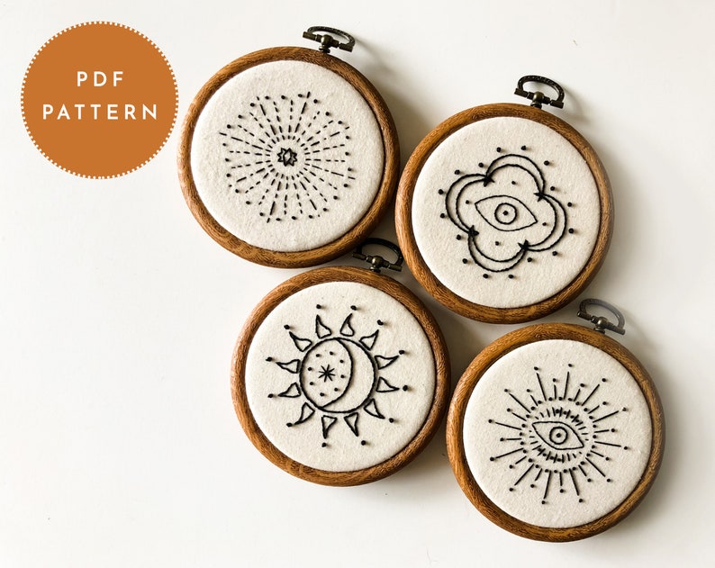 PDF Patterns Sun, Moon, Stars, and Eyes witchy embroidery, weird embroidery, sun moon embroidery, evil eye embroidery, star embroidery image 1