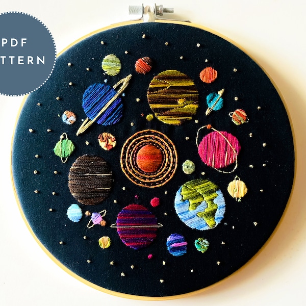 PDF Pattern - "Fireside Chat" | embroidery hoop art, hand embroidery, space embroidery, modern embroidery, planets, sci fi, moon, stars