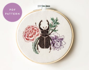 Stag Beetle Embroidery Pattern: Victorian Floral Design (PDF Pattern)